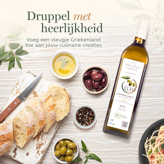 Brood, olijven, pepers en twee kommen olijfolie met ELEO fles. Verse ingrediënten op houten ondergrond.
