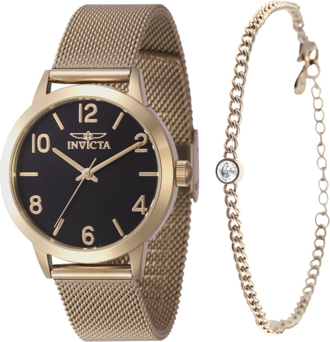 Invicta Wildflower 47277 Dames Horloge - Waterdicht - Analoog - Quartz Uurwerk - Roestvrij Staal met zwarte Wijzerplaat - 34mm - met bijpassende armband