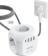 4-way Power Strip Flat Plug with Multiple Sockets and USB Ports - 2m Braided Cable