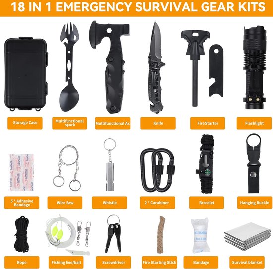 WayinTop Survivalkit Voor Noodgevallen Met EHBO-set, 180 Stuks Survivaluitrusting Met Waterfilter Stro Multitool Hamerbijl Cadeaus Voor Mannen Camping Avontuur Wandelen