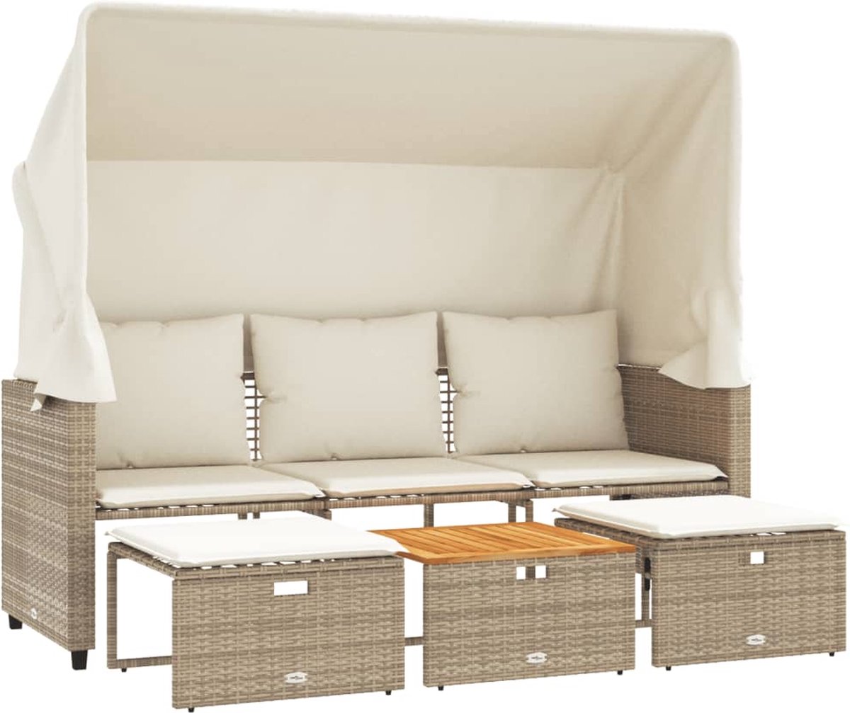 vidaXL - Tuinbank - 3-zits - met - luifel - en - voetenbanken - poly - rattan - beige