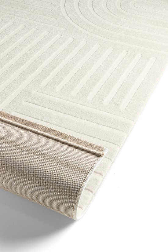 Tapis Poils Ras, Cercle, Salon, Boho Géométrique -Crème - Ø120 cm (Rond) - Tapis Moderne Super Doux