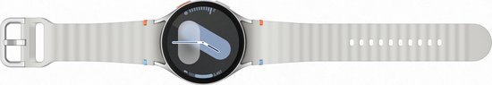 Zilverkleurige Samsung Galaxy Watch7 smartwatch met witte band, liggend.