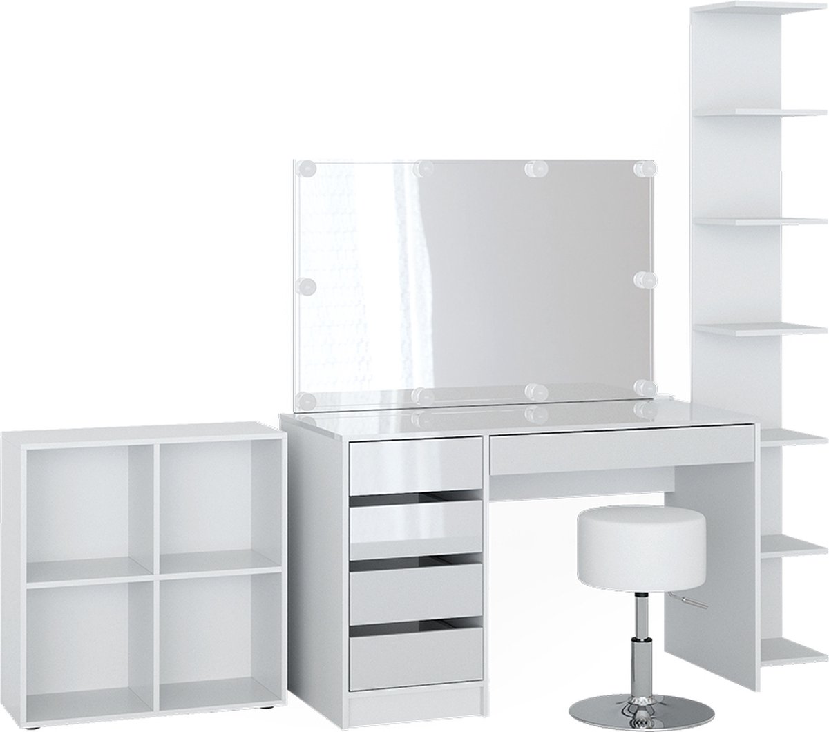 Vicco Kaptafel Sherry, Wit, met spiegel, LED-lichtslinger, kruk, staand rek en wandrek