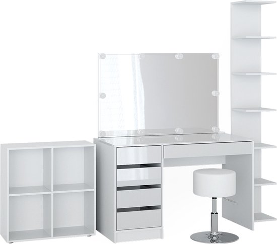 Vicco Coiffeuse Sherry, Wit/ Wit, 5 pièces, avec étagère de rangement, étagère sur pied, miroir, tabouret, LED