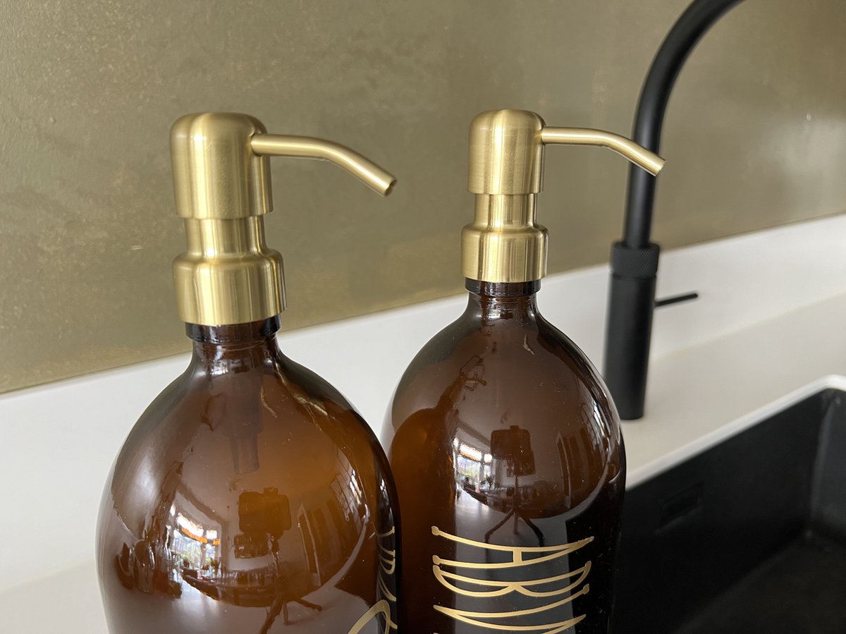 BBBLS® Design Dispenser Giftset "Seife Abwasch" | Bruin Glas | 1 liter | RVS / Metaal Pomp Goud | Zeeppomp | Zeepdispenser | Zeephouder