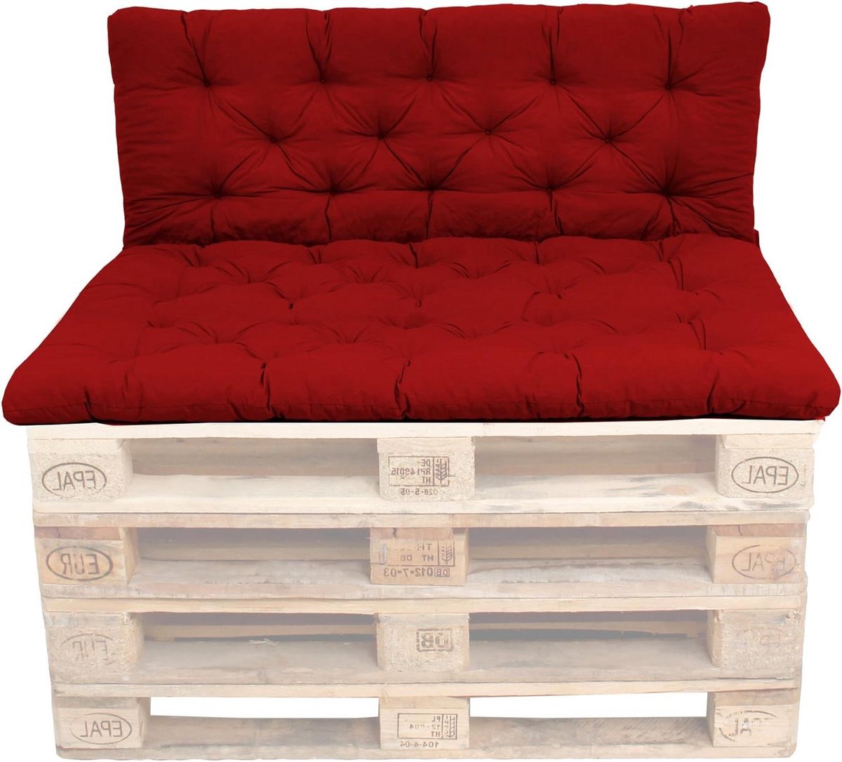 Rood zitkussen en rugkussen set voor binnen en buiten, geschikt voor palletmeubelen.