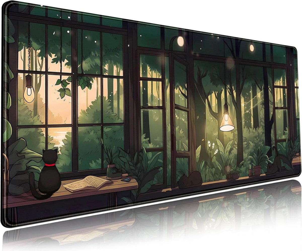 Lofi groene planten grote zwarte kat muismat - esthetisch bureauonderlegger kawaii anime - XL gaming-muismat voor laptop - toetsenbord muismat 80 x 30 - bureaumat