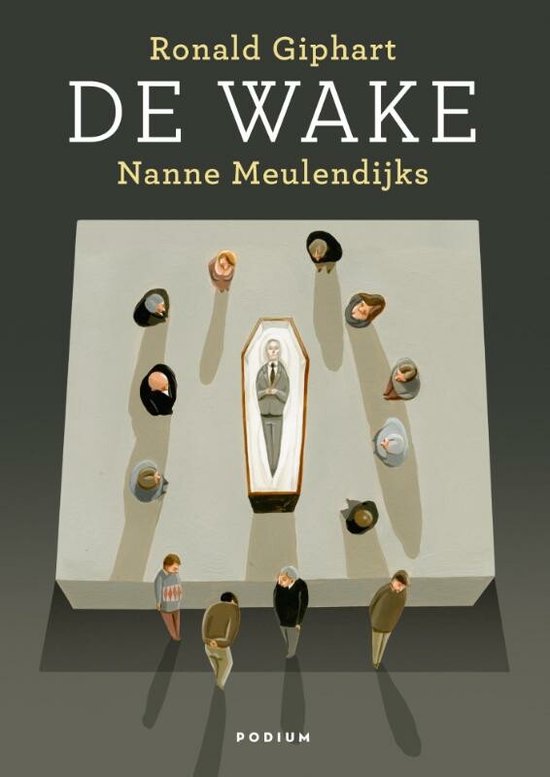 Boekomslag 'De Wake' van Ronald Giphart. Een kist met een overledene, omringd door miniatuurfiguren.