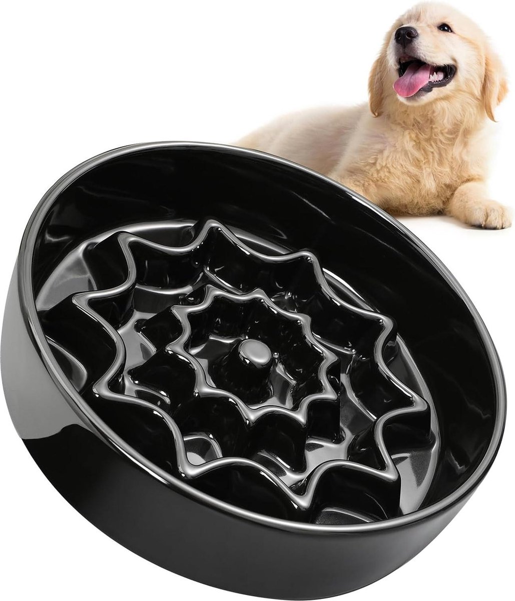 Pet Slow Feeder Ceramic Dog Bowl Slow Eating Food Bowl for Small Medium Pets Anxiety Relief Bowl Black