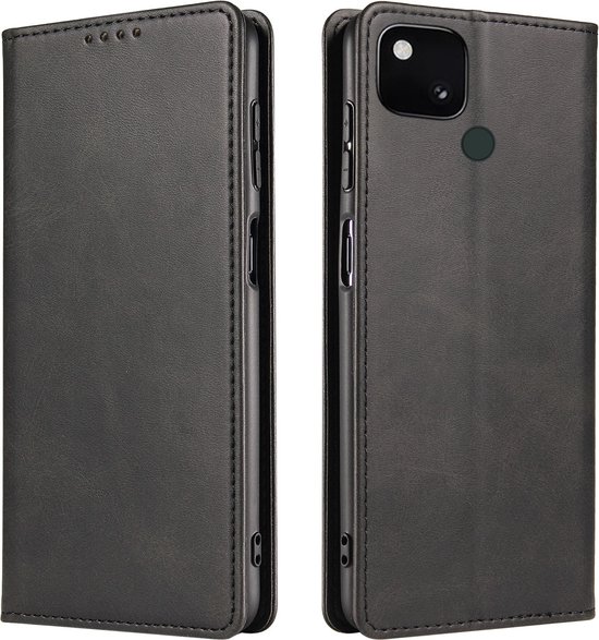 Gesloten zwart kunstleren telefoonhoesje, zijaanzicht en voorkant.