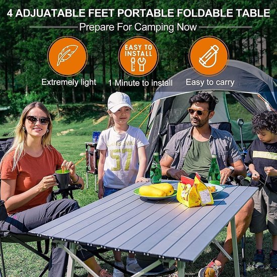 Table De Camping Pliante Portal En Aluminium 90x53 Cm - Légère, Réglable Et Portable Pour Pique-Nique Et Jardin