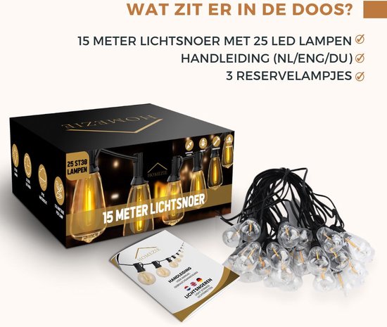 Doos met 15 meter lichtsnoer, 25 ST38 lampen en handleiding. Lichtsnoer met grote, amberkleurige LED-lampen.