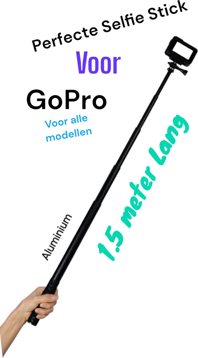 Selfie stick 1.5m - Gopro 13 - 12 11 10 9 8 7 - Selfistick voor GoPro Hero 13 12 11 10 9 8 7 6 5 4 3 - Osmo- selfie stick 1.5 meter - Gopro Hero 13 Black - Pro Selfie stick aluminium - Top Kwaliteit-GoPro12