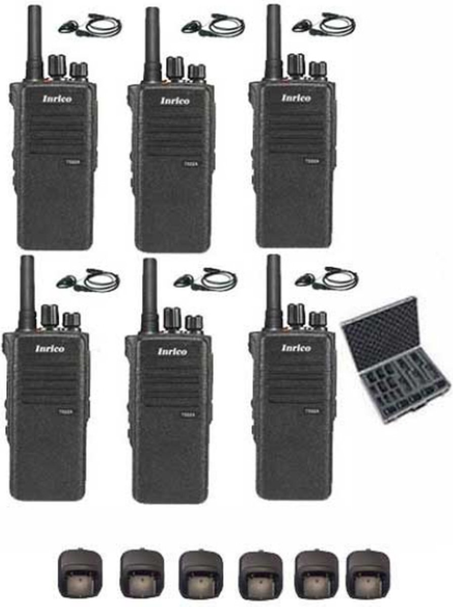 Set van 6 Inrico T522A IP66 4G LTE POC Zello K1 2-Pins met D-shape oortje en koffer