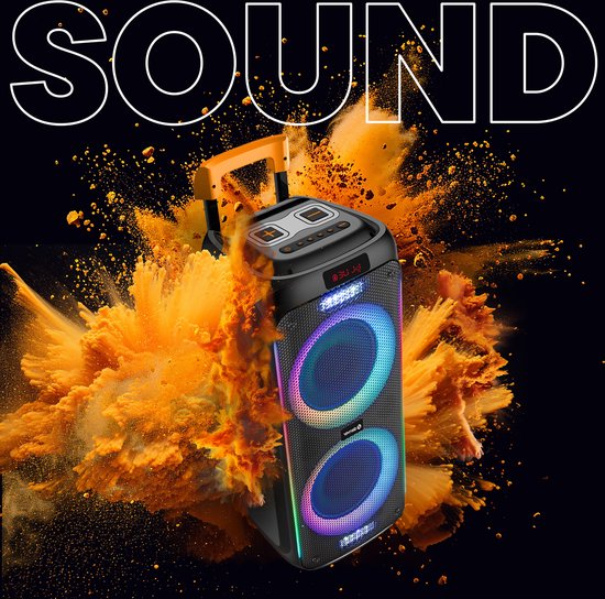 Zwarte Denver Bluetooth speaker met dubbele woofers met discolichten, op een zwarte achtergrond met oranje poeder.