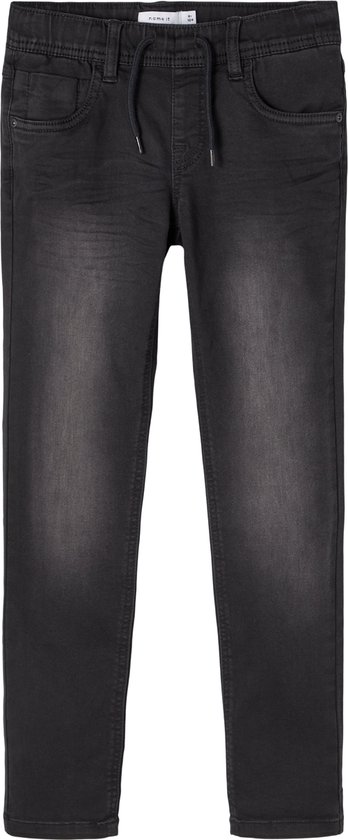 Zwarte jongens jeans met trekkoord en lichte wassing, rechte pasvorm.