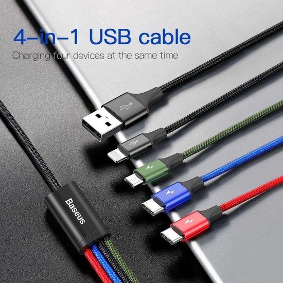 Baseus USB 4-in-1 Kabel met Micro-USB /2x USB-C / Lightning 1.2M Zwart - Baseus