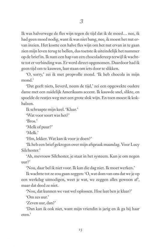 Tekstpagina uit een boek met een dialoog over wijn en chocolade.