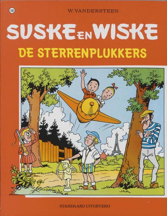 Suske en Wiske, De Sterrenplukkers: stripcover met Suske, Wiske en vrienden in vrolijke kleuren, met de Eiffeltoren op de achtergrond.