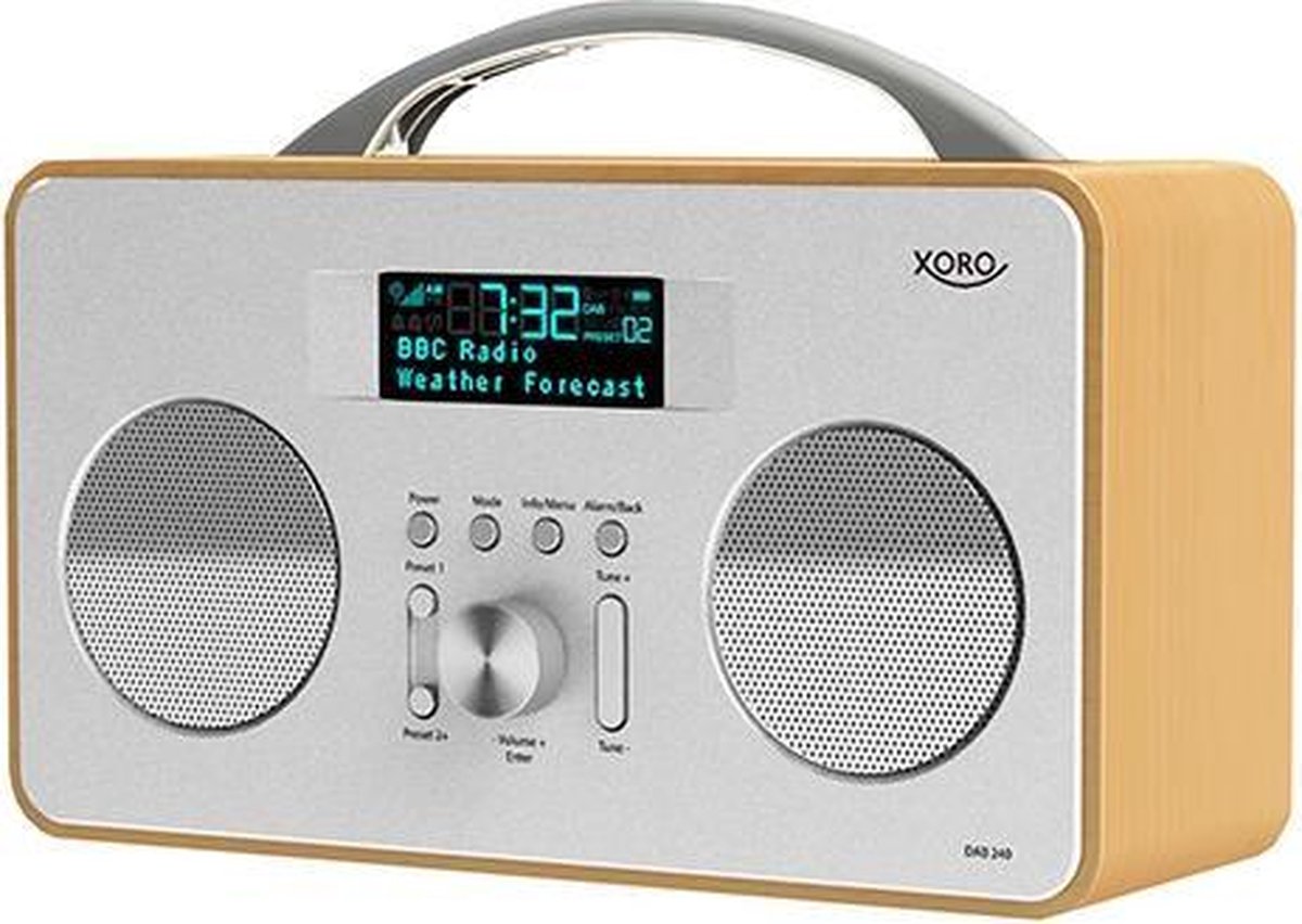 Xoro DAB 240 stereo radio, DAB+/FM, digitale klok met wek-functie, zilver front, houten kast, net- of batterijvoeding