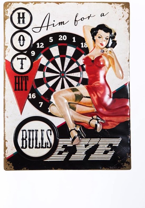 Signs-USA Hot Bulls Eye - Darts - retro wandbord - 40 x 30 cm