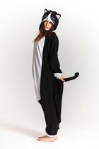 KIMU Onesie zwarte kat pak kind poes kostuum - maat 128-134 - poezenpak kattenpak jumpsuit pyjama