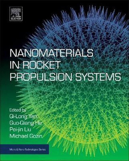 Boekomslag: "Nanomaterials in Rocket Propulsion Systems" met op de achtergrond een blauwgroen netwerk van nanodeeltjes.