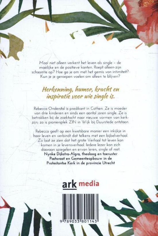 Achterkant boek 'Mooi niet alleen' met tropische bloemen, tekst en streepjescode.