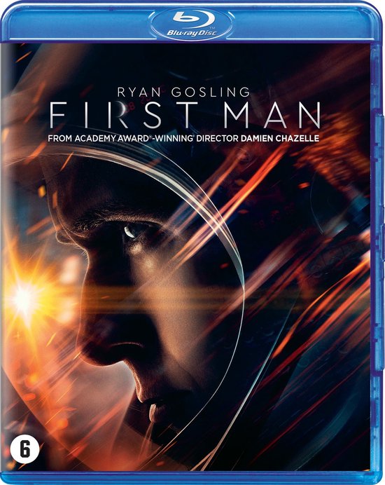 Blu-ray hoes van de film 'First Man', met een close-up van Ryan Gosling in een ruimtepak.