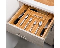 KitchenBrothers Bestekbak Uitschuifbaar - Verstelbare Besteklade Organizer met 6 tot 8 Vakken - 32 tot 44,5 cm breed x 44 cm diep - Bamboe