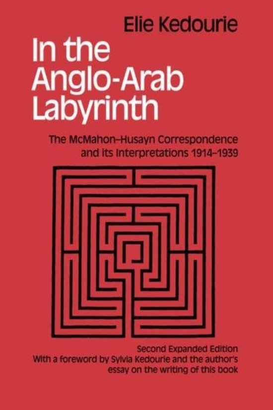 Rode boekomslag met titel 'In the Anglo-Arab Labyrinth' in wit en zwart, centraal een zwart labyrint-icoon.