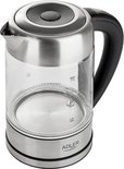 Glazen waterkoker met RVS en zwart handvat, zonder water.