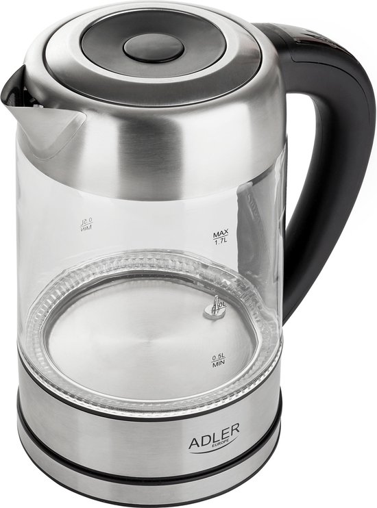 Glazen waterkoker met RVS en zwart handvat, zonder water.