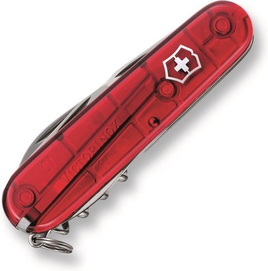 Couteau suisse Victorinox rouge transparent avec logo bouclier argenté.