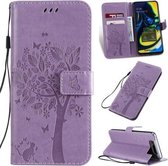 Tree & Cat Pattern Pressed Printing Horizontale Flip PU lederen tas met houder & kaartsleuven & portemonnee & lanyard voor Galaxy A80 (lichtpaars)