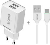 ENKAY Hat-Prince T003-1 10,5 W 2,1 A dubbele USB-oplader EU-stekker reisstroomadapter met 2,1 A 1 m Type-C-kabel