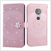 Voor Motorola Moto E5 Geperst Afdrukken Steken boorpatroon Horizontaal Flip PU lederen tas met houder & kaartsleuven & portemonnee & & lanyard (roze)