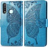 Voor Vivo Y19 vlinder liefde bloem reliëf horizontale flip lederen tas met beugel / kaartsleuf / portemonnee / lanyard (blauw)