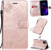 Geperst afdrukken vlinderpatroon horizontale flip PU lederen tas met houder & kaartsleuven & portemonnee & lanyard voor iPhone 11 (roségoud)