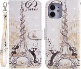 Voor iPhone 12 mini 3D-schilderijpatroon Gekleurde tekening Horizontale flip PU-lederen hoes met houder & kaartsleuven & portemonnee (Eiffeltorenpaar)