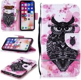 Voor iPhone XS / X Gekleurd tekeningpatroon Horizontaal Flip TPU + PU-lederen hoes met houder & kaartsleuven & portemonnee & lanyard (uil)