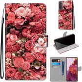 Voor Samsung Galaxy S21 5G Gekleurde Tekening Cross Textuur Horizontale Flip PU Lederen Case met Houder & Kaartsleuven & Portemonnee & Lanyard (Pink Rose Garden)