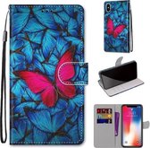 Gekleurde tekening Cross Texture Horizontale Flip PU lederen tas met houder & kaartsleuven & portemonnee & lanyard voor iPhone XS / X (blauw rood vlinder)