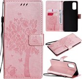 Voor OPPO Reno4 Boom & Kat Patroon Geperst Afdrukken Horizontale Flip PU Lederen Case met Houder & Kaartsleuven & Portemonnee & Lanyard (Rose Goud)