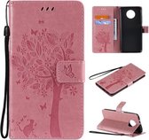 Voor Xiaomi Redmi Note 9 5G Tree & Cat Pattern Pressed Printing Horizontale Flip PU Leather Case met houder & kaartsleuven & Wallet & Lanyard (roze)