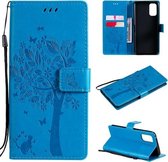 Voor OPPO Realme 7 Pro Tree & Cat Pattern Pressed Printing Horizontale Flip PU lederen tas met houder & kaartsleuven & portemonnee & lanyard (blauw)