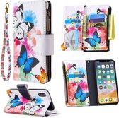 Voor iPhone XS / X Gekleurd tekeningpatroon Rits Horizontaal Flip lederen tas met houder & kaartsleuven & portemonnee (twee vlinders)