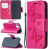 Voor iPhone 12 mini Embossing Two Butterflies Pattern Horizontale Flip PU Leather Case met houder & kaartsleuf & portemonnee & lanyard (Rose Red)