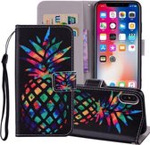 Gekleurd ananaspatroon Gekleurde tekening Horizontale leren flip-hoes voor iPhone X / XS, met houder en kaartsleuven en portemonnee en draagkoord
